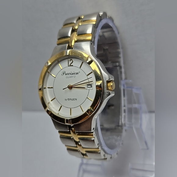 Precision Gruen Watch Mens 36mm Silver Gold Two Toned Date New Battery - Picture 2 of 11